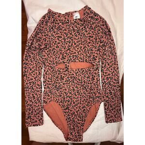 Art Class Girls Pink Leopard Long Sleeve Rash Guard Swimsuit XL 14 One Piece